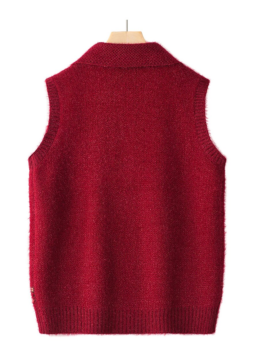 Women's Sweater Vest Shirt Collar Ribbed Knit Polyester Button Pocket Fall Winter Outdoor Daily Holiday Stylish Casual Soft Sleeveless Floral claret caramel colour Navy Blue 3XL reference 125-140 2023 - US $25.99 –P1