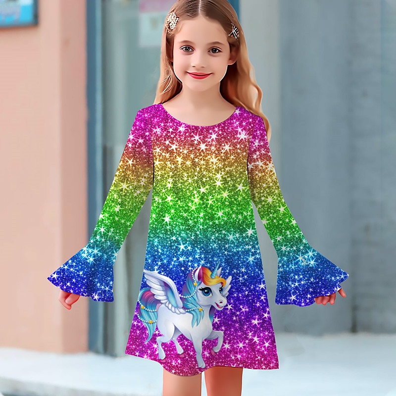 Girls' 3D Graphic Cartoon Unicorn Dress Long Sleeve 3D Print Summer Fall Vacation Sports & Outdoor Daily Cute Casual Beautiful Kids 3-12 Years Casual Dress A Line Dress Above Knee Regular Fit 2025 - $15.99 –P1