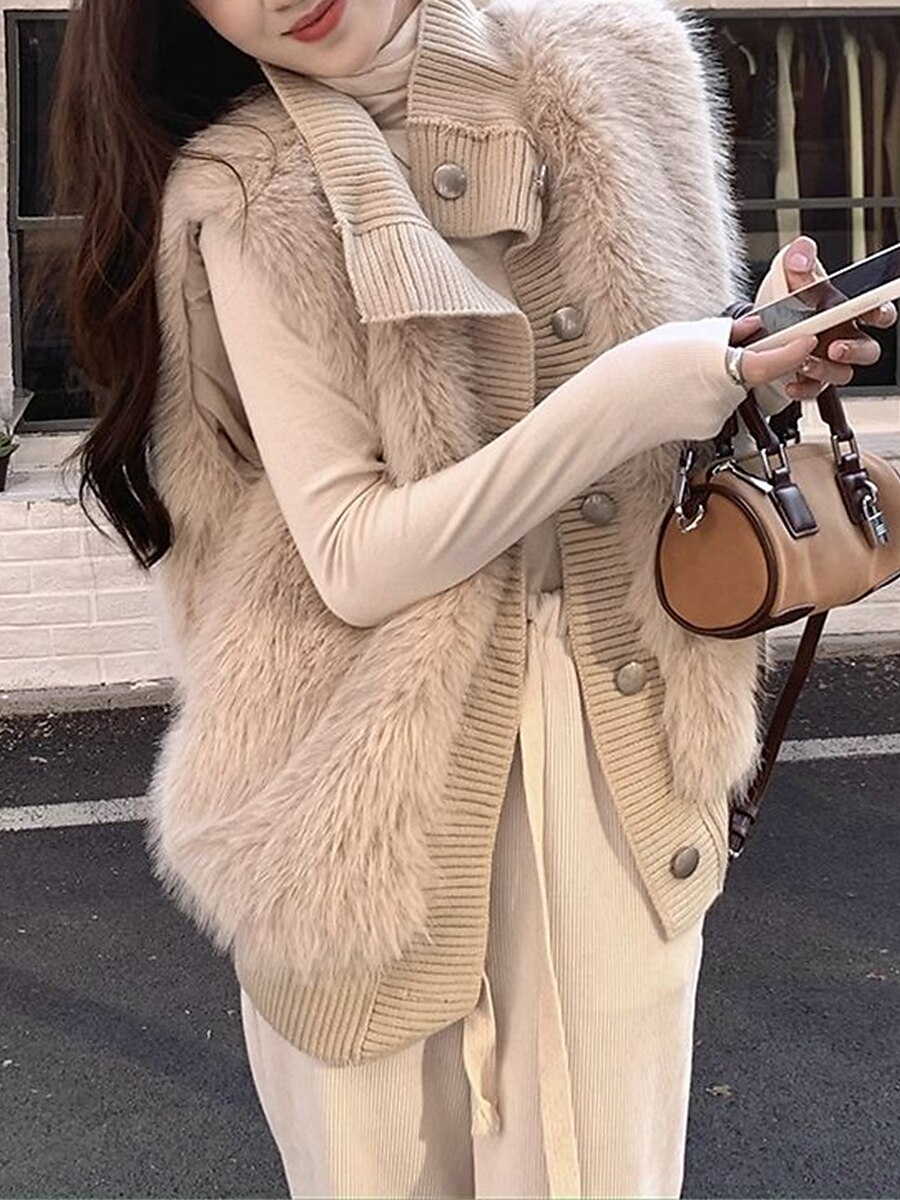 Women's Sweater Vest Shirt Collar Ribbed Knit Polyester Button Fall Winter Outdoor Daily Holiday Stylish Casual Soft Sleeveless Solid Color White khaki One-Size 2023 - US $31.99 –P3