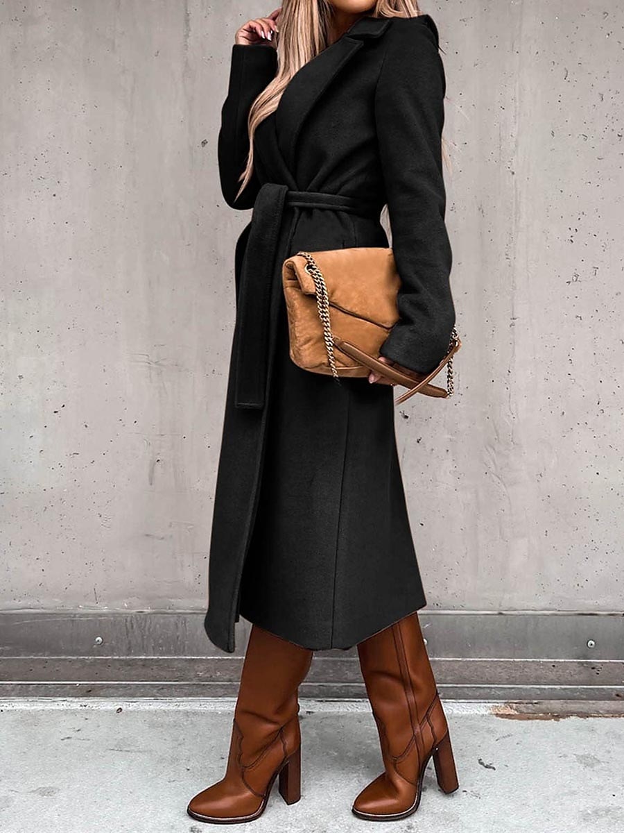 Women's Winter Coat Long Overcoat with Belt Fall Lapel Pea Coat with Pockets Trench Coat Fashion Street Wear Formal Jacket Long Sleeve  Black White Yellow 2023 - US $36.99 –P10