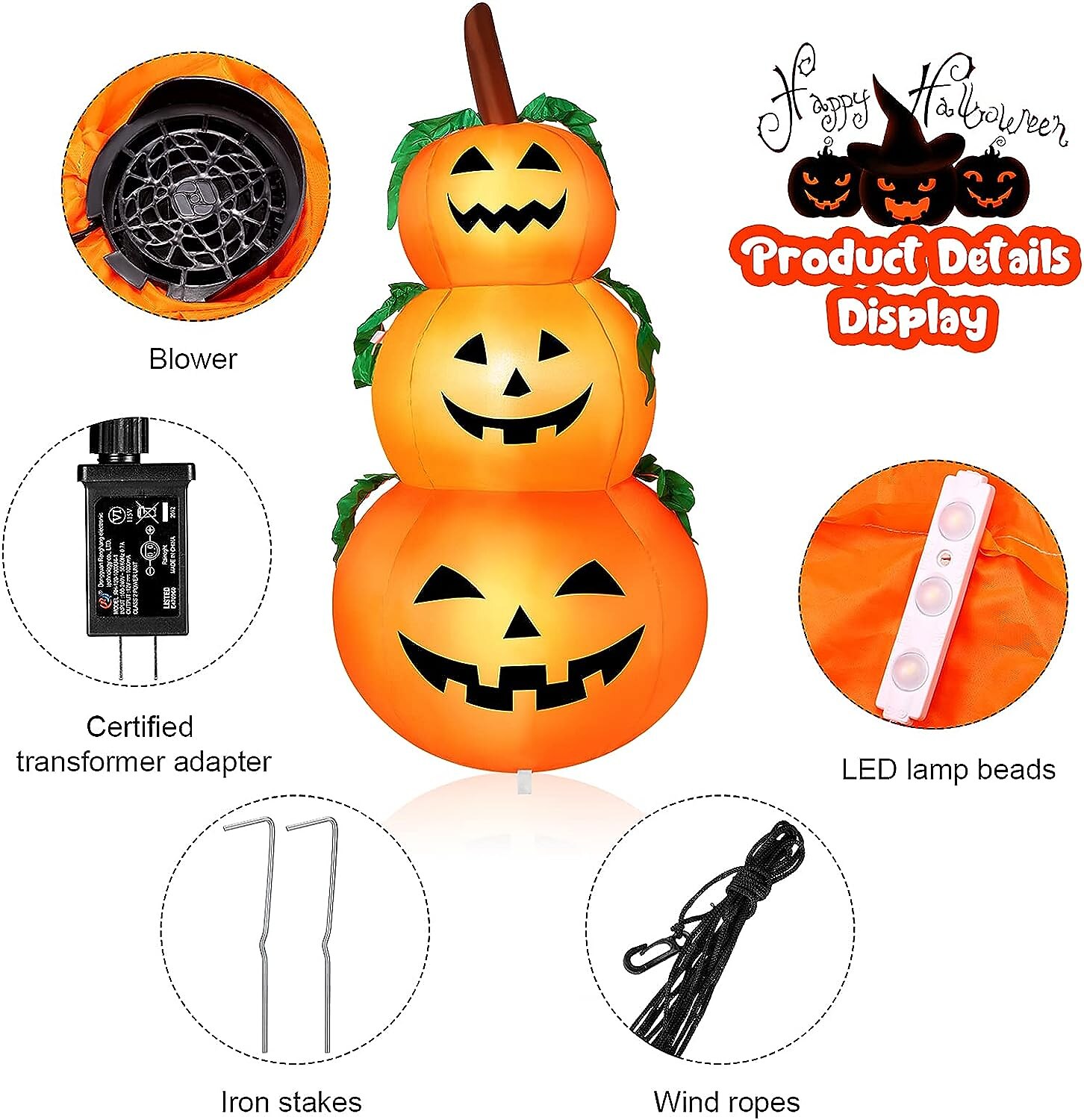 halloween dekorationer 6 fot uppblåsbar led 3 pumpor stack light, jack o lantern spränga 3 pumpor, utomhus inomhus halloween dekorationer 2025 - €44.76 –P4
