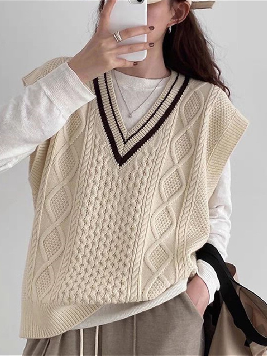Women's Sweater Vest V Neck Cable Knit Knit Oversized Summer Fall Outdoor Daily Going out Stylish Casual Soft Sleeveless Striped Wine Navy Blue Beige One-Size 2023 - US $25.99 –P3