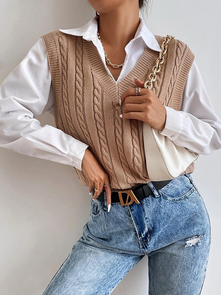 Women's Sweater Vest V Neck Ribbed Cable Knit Acrylic Patchwork Fall Winter Outdoor Daily Going out Stylish Casual Soft Sleeveless Solid Color Maillard Black Khaki S M L 2023 - US $27.99 –P4