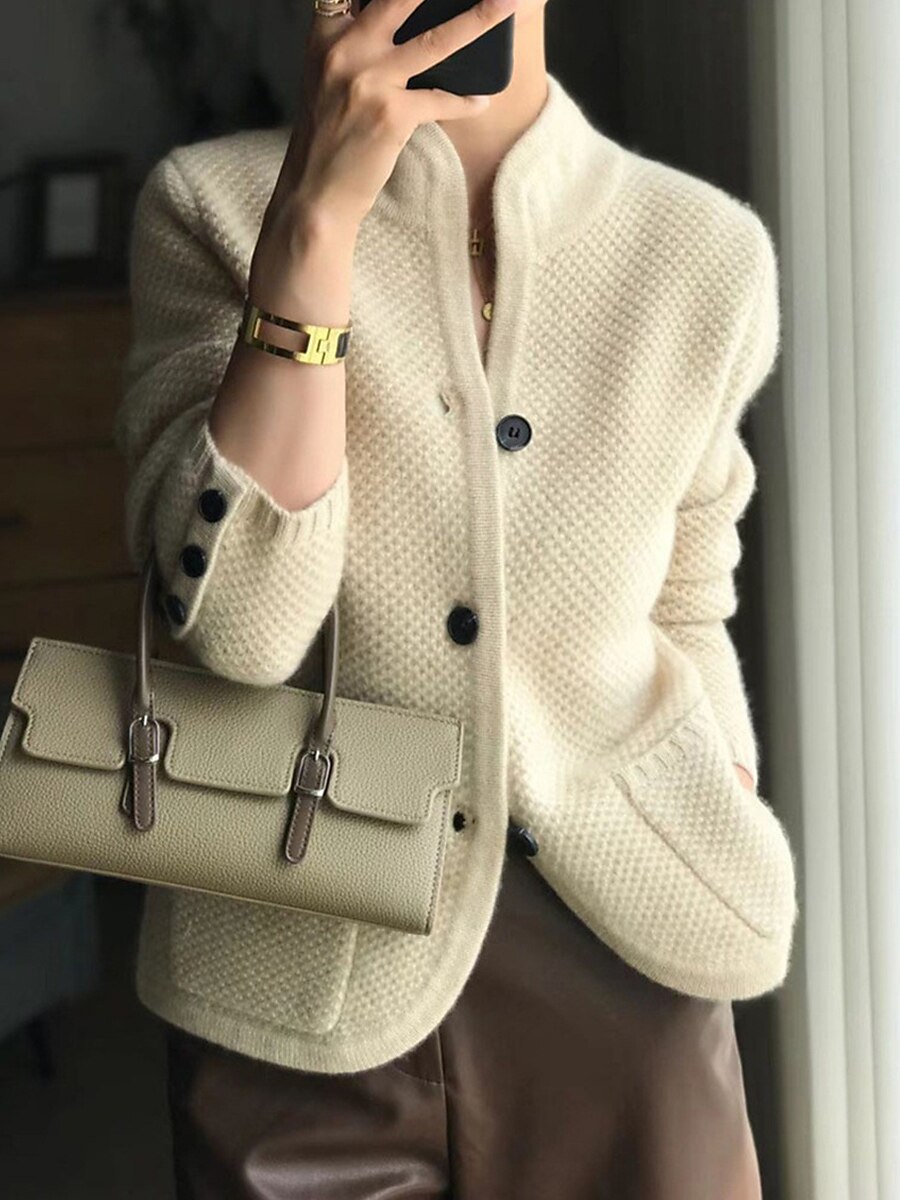 Women's Cardigan Sweater Stand Collar Waffle Knit Polyester Button Pocket Fall Winter Outdoor Daily Going out Stylish Casual Soft Long Sleeve Solid Color Orange Beige Gray S M L 2023 - US $28.99 –P2