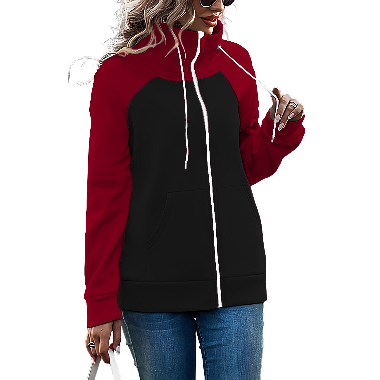 Damen Farbblock Basic Langarm Kapuzenpullover Normale Oberteile Strasse Casual Reißverschluss Vordertasche Weiß Rosa Rote Grün Armeegrün Herbst Winter 2025 - $20.99 –P7