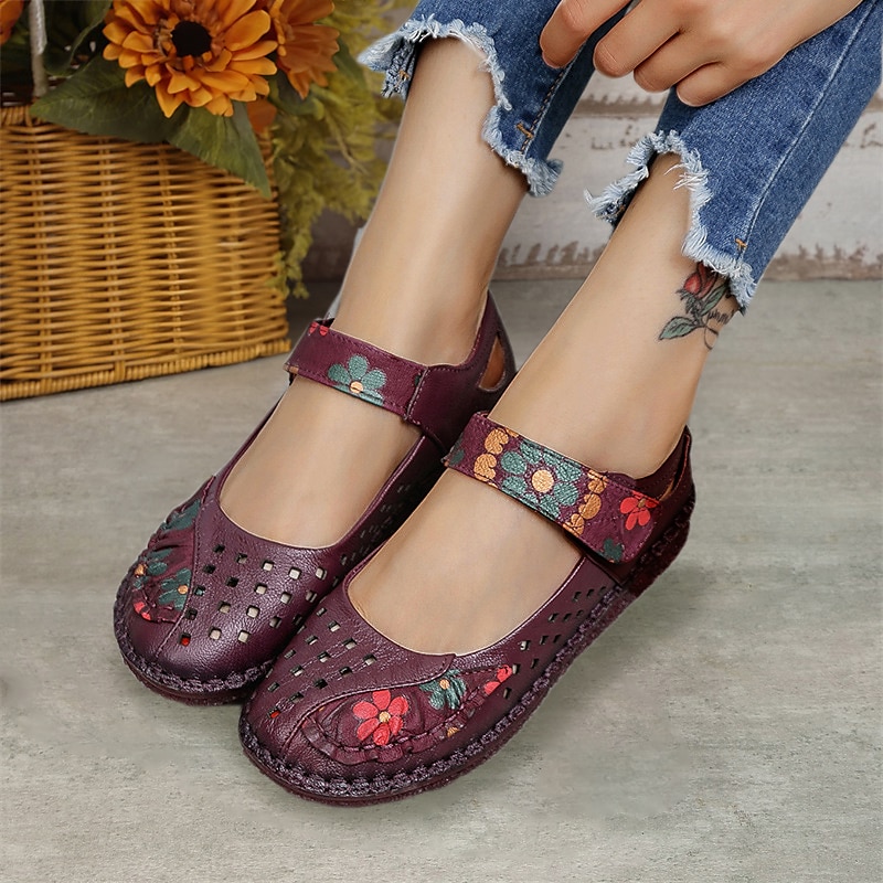 női piros bőr mezítlábas mary jane flats – hímzett virágos alkalmi kényelmes cipő tépőzáras pántokkal 2025 - $42.99 –P12