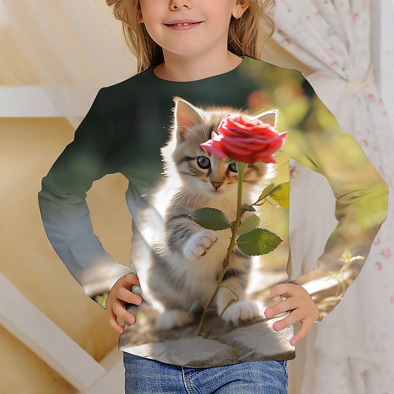 Girls' 3D Graphic Cartoon Cat T shirt Tee Long Sleeve 3D Print Summer Fall Active Fashion Cute Kids 3-12 Years Outdoor Casual Daily Regular Fit 2025 - $13.99 –P1