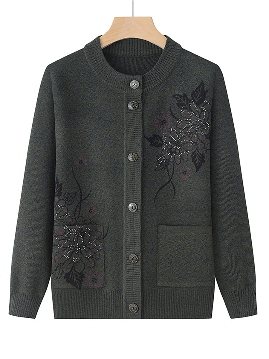 Dames Vest Trui Stijlvol Casual Zacht Bloemig Geribd Strakke ronde hals Knop Zak Lange mouw breien Buiten Feestdagen Uitgaan bordeaux Grasgroen Herfst Winter 2025 - $31.99 –P1