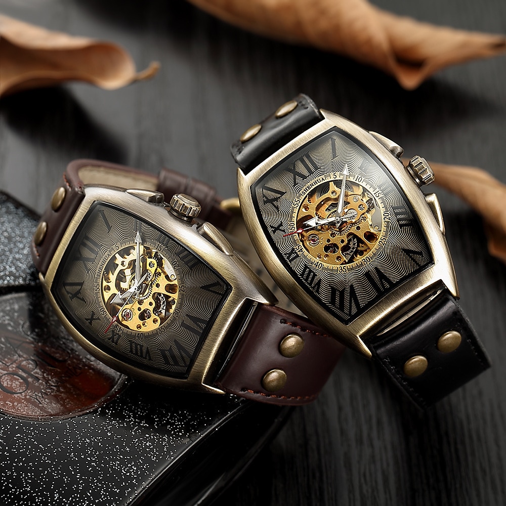 menő férfi stílusú automata mechanikus analóg óra steam punk rock gótikus bőr szíj fekete brwon óra golyó üreges faragott kivitel 2025 - $46.99 –P1
