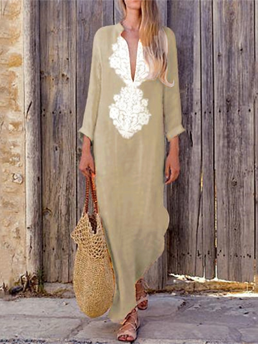 Per donna Abito casual Vestito maxi Stampa Essenziale Informale Giornaliero Da mare A V Manica lunga Estate Primavera Autunno Giallo Azzurro cielo Fiore decorativo del 2025 a $42.99 –P1