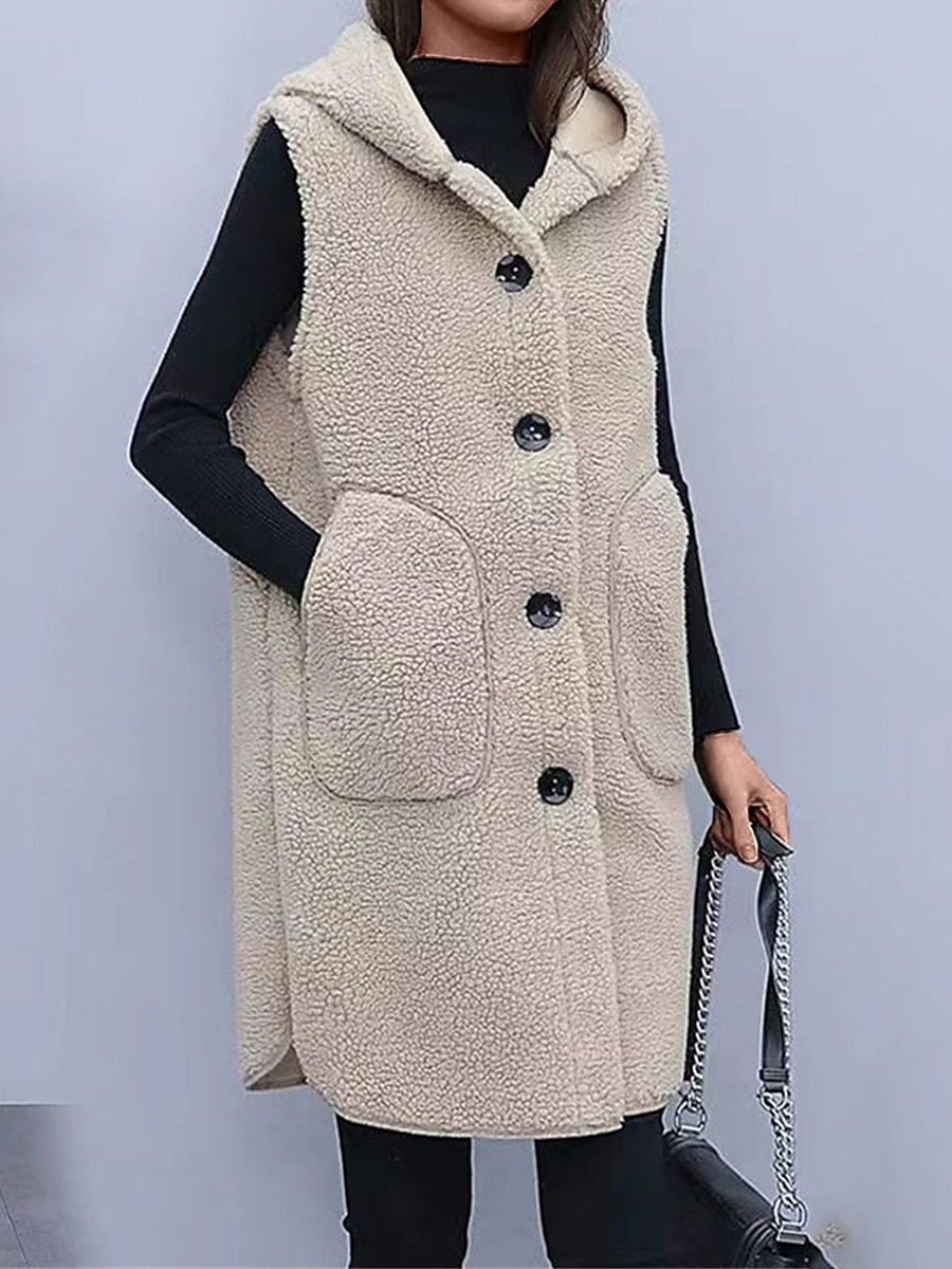 Women's Winter Coat Teddy Vest Fall Winter Long Sherpa Jacket Regular Fit Windproof Warm Contemporary Casual Street Style Jacket Sleeveless Plain with Pockets Wine Apricot 2023 - US $23.99 –P1