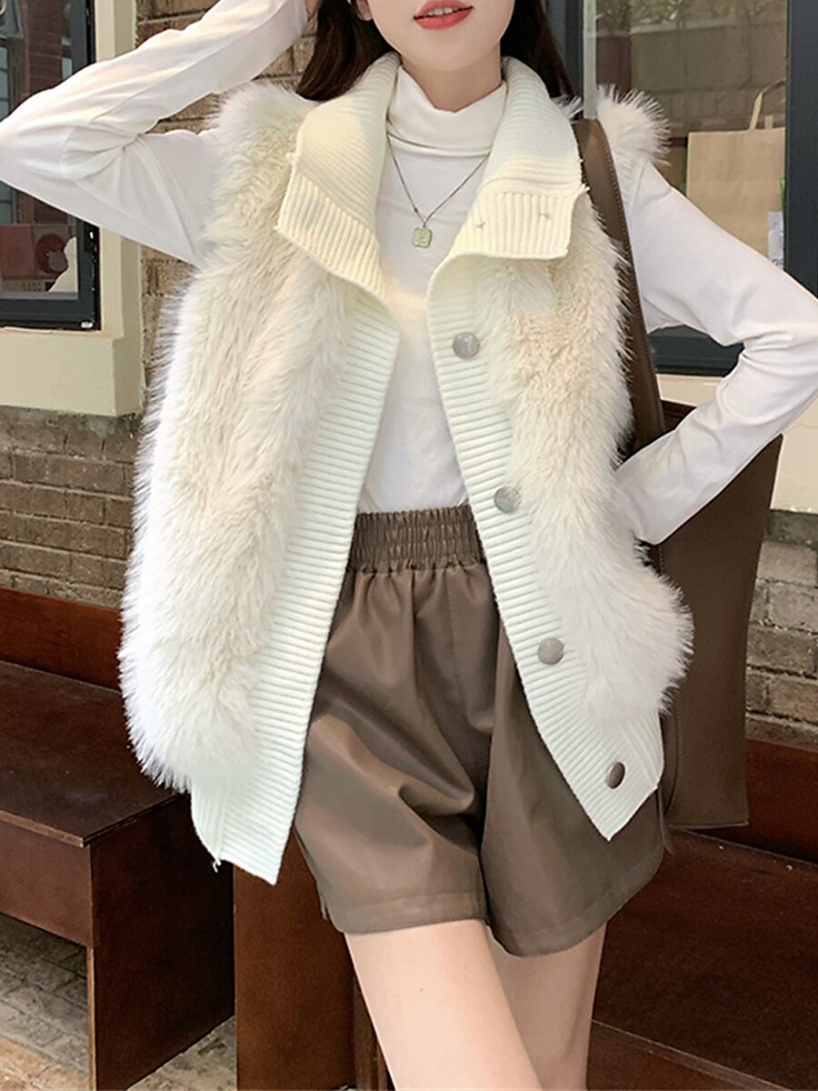 Women's Sweater Vest Shirt Collar Ribbed Knit Polyester Button Fall Winter Outdoor Daily Holiday Stylish Casual Soft Sleeveless Solid Color White khaki One-Size 2023 - US $31.99 –P4