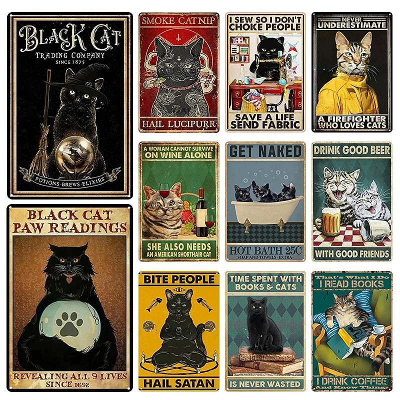 1db retro fém bádogtábla macska boros bádog tábla vintage konyhai táblák fali dekoráció, festmény fali akasztó lakberendezéshez fali művészet fém bádogtábla 20x30cm/8''x12'' 2026 - GBP £10.87 –P1