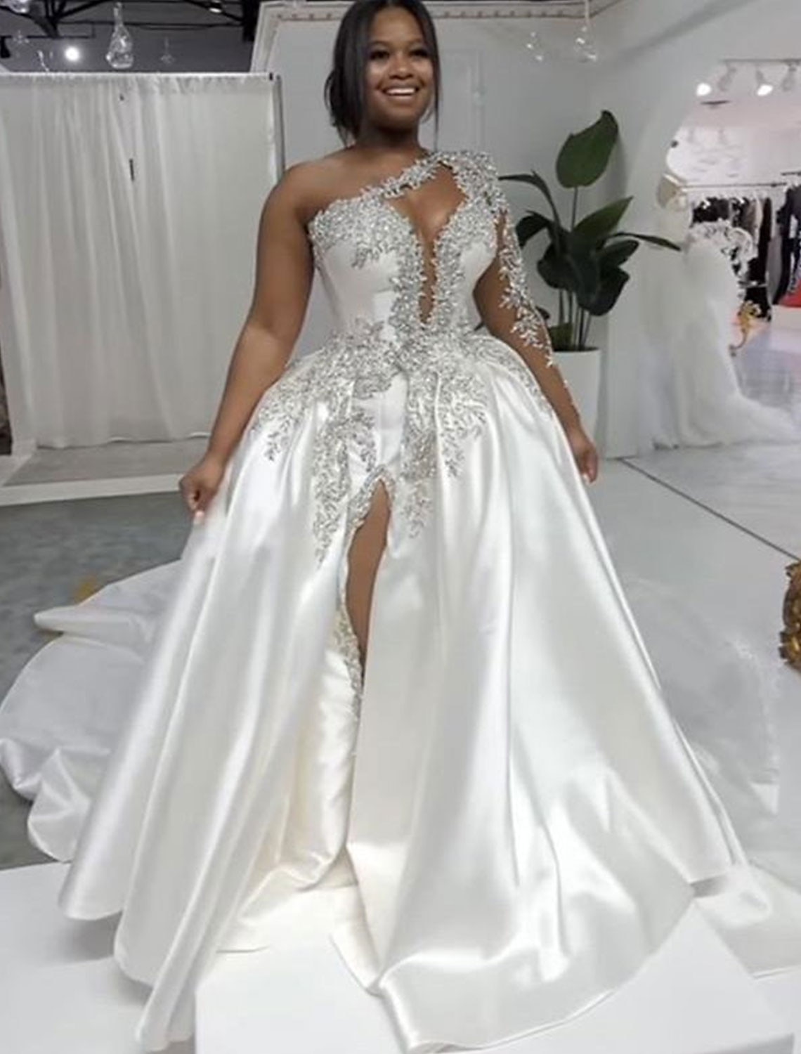 Formal Wedding Dresses Ball Gown One Shoulder Regular Straps Court Train Satin  Bridal Gowns With Beading Split Front 2024 2024 - $209.99