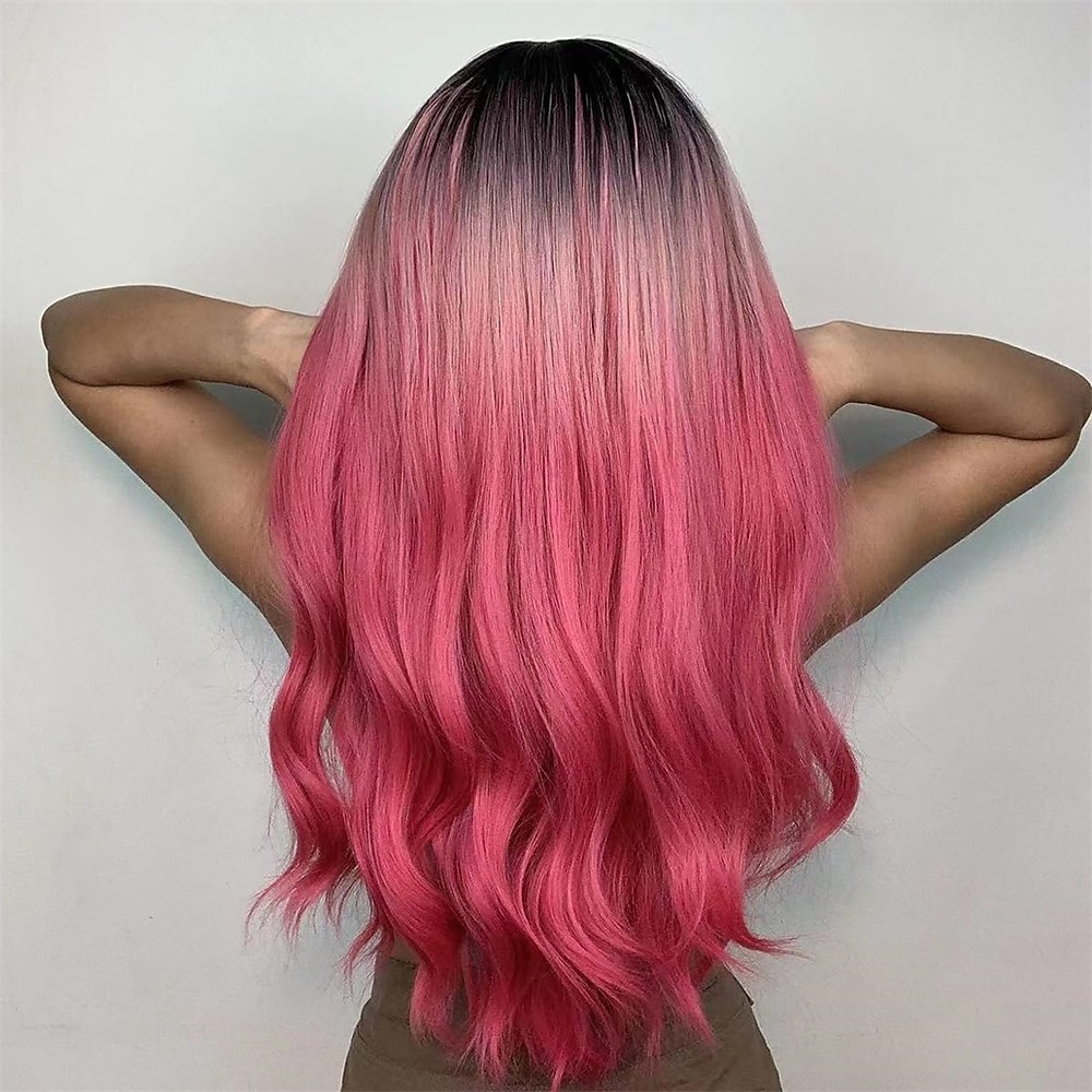 parrucche ondulate rosse lunghe ombre rosa per le donne parrucche ricci rosa nere con frangia parrucca cosplay radici scure parrucche sintetiche senza colla per l'uso quotidiano delle feste del 2025 a $25.99 –P13