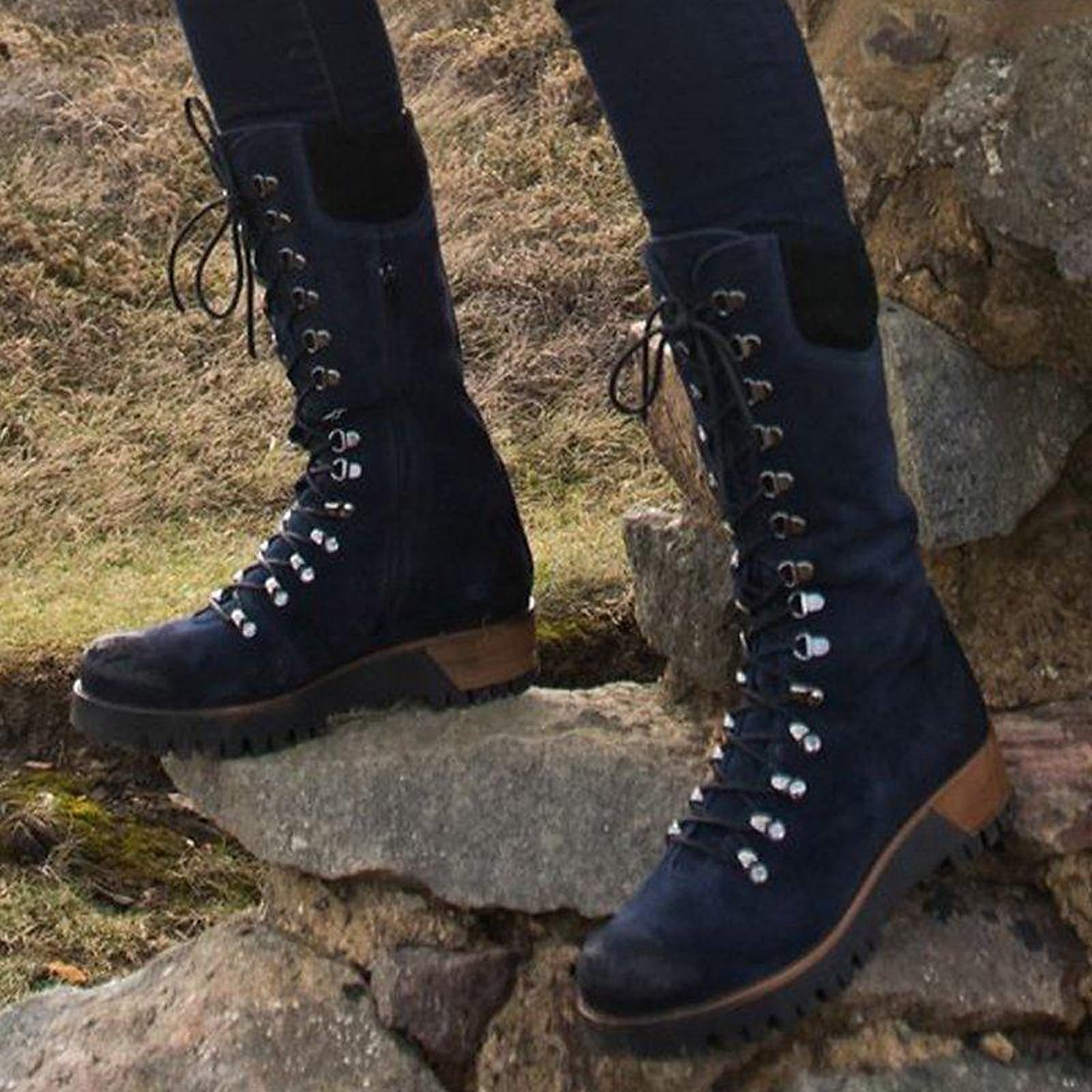 Women's Navy Suede Lace-Up Combat Boots with Side Zipper and Rugged Sole - Stylish High-Cut Boots for Winter and Outdoor Adventures 2025 - $59.99 –P2