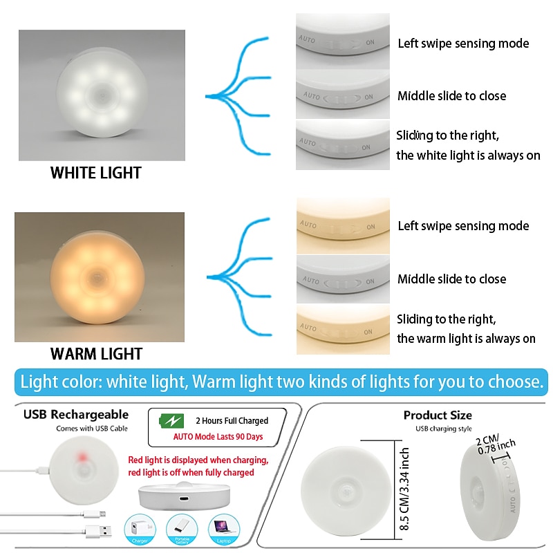 2026年 8led モーションセンサー LED ナイトライトスマートスイッチセンサーライト usb 充電式バッテリー駆動バスルームベッドサイドライト部屋廊下アクセスバスルームホーム照明  コレクション – $7.49 –P8