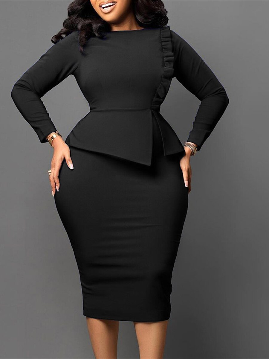 Women's Work Dress Sheath Dress Black Dress Fashion Midi Dress Ruched Split Crew Neck Long Sleeve Plain Regular Fit Black White Red Fall Winter S M L XL XXL 2023 - AED 123 –P6