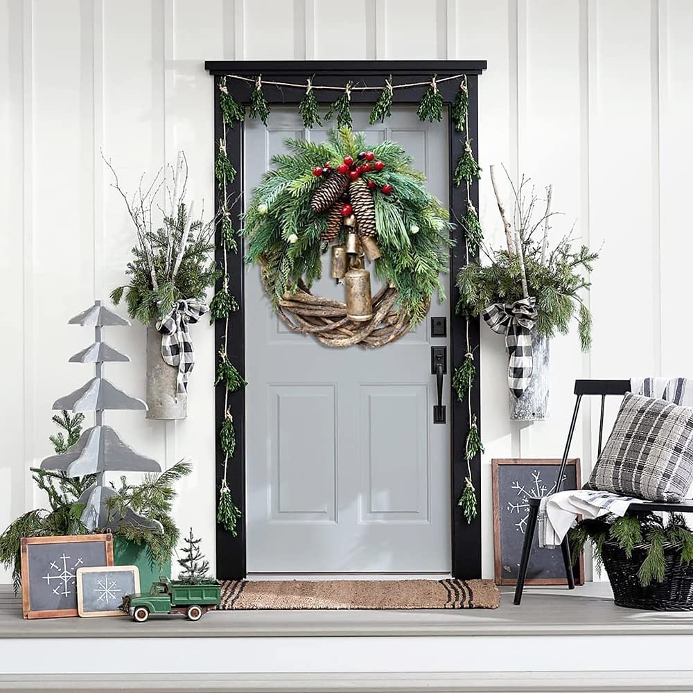 Weihnachtskranz Boho-Kranz, 17,7'' künstlicher goldener Glockenkranz, Weihnachtsbaum-Haustür-Hängegirlande, handgefertigter Kiefernring-Weinrebenkranz, Feier-Weihnachtsdekoration 2025 - $26.99 –P3
