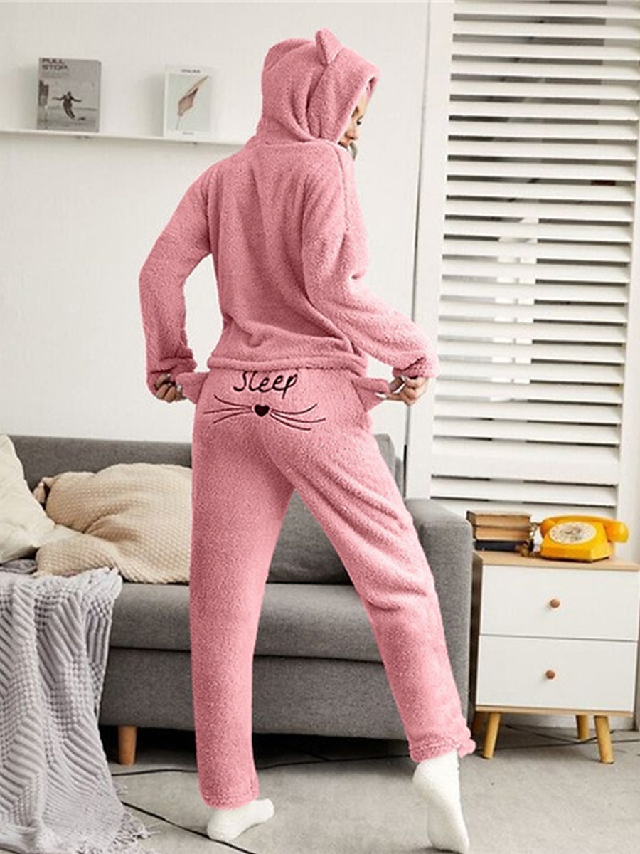 Women's Fleece Plus Size Loungewear Sets Fluffy Pajama Fuzzy Cat