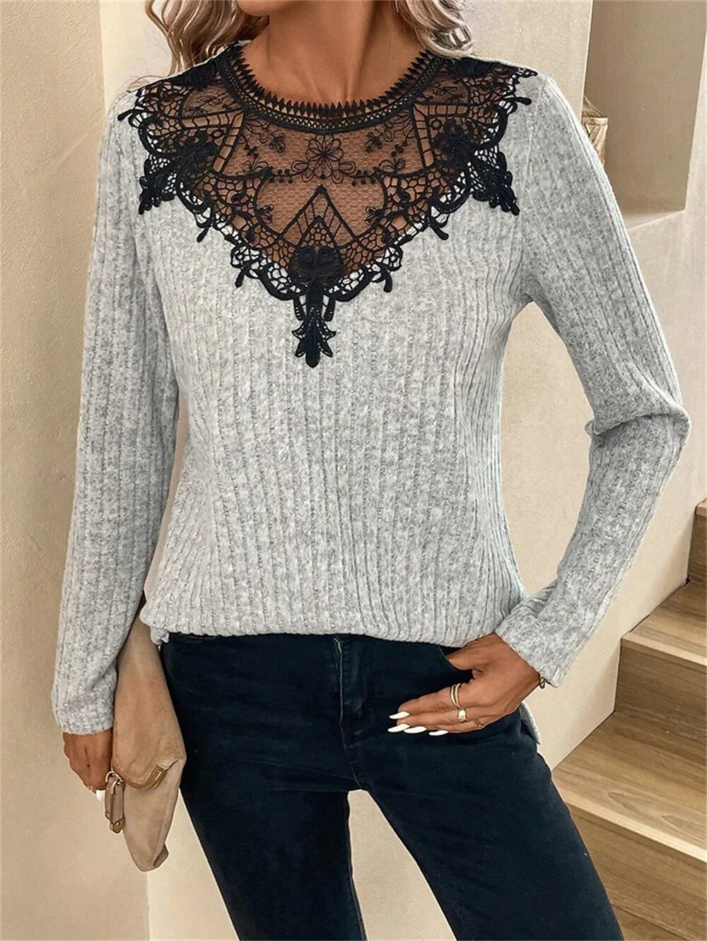 Női Ing Csipke ing Blúz Patchwork hálós felső Színes Elegáns Divat Alap Hosszú ujj Kerek Normál felsők Hétköznapi Csipke Kollázs Szürke Tavasz Ősz 2025 - $26.99 –P3