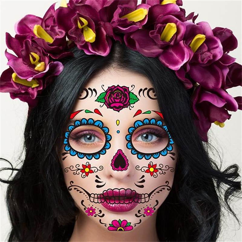 Halloweenské samolepky na tetování obličeje ke Dni mrtvých, dočasné tetování lebky s cukrem na obličej pro make-up ke Dni mrtvých, vtipná strašidelná dekorace obličeje na párty. 2025 - $7.99 –P3