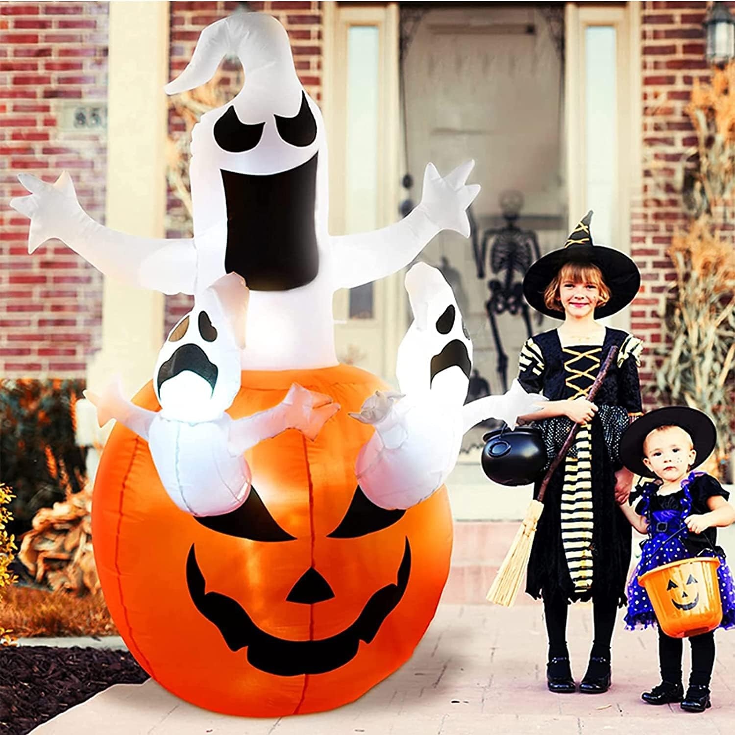 Decoraciones de Halloween, calabaza inflable de Jack-O-Lantern y fantasmas de 6 pies, exhibición de patio LED para exteriores inflable, impermeable 2025 - $64.99 –P1