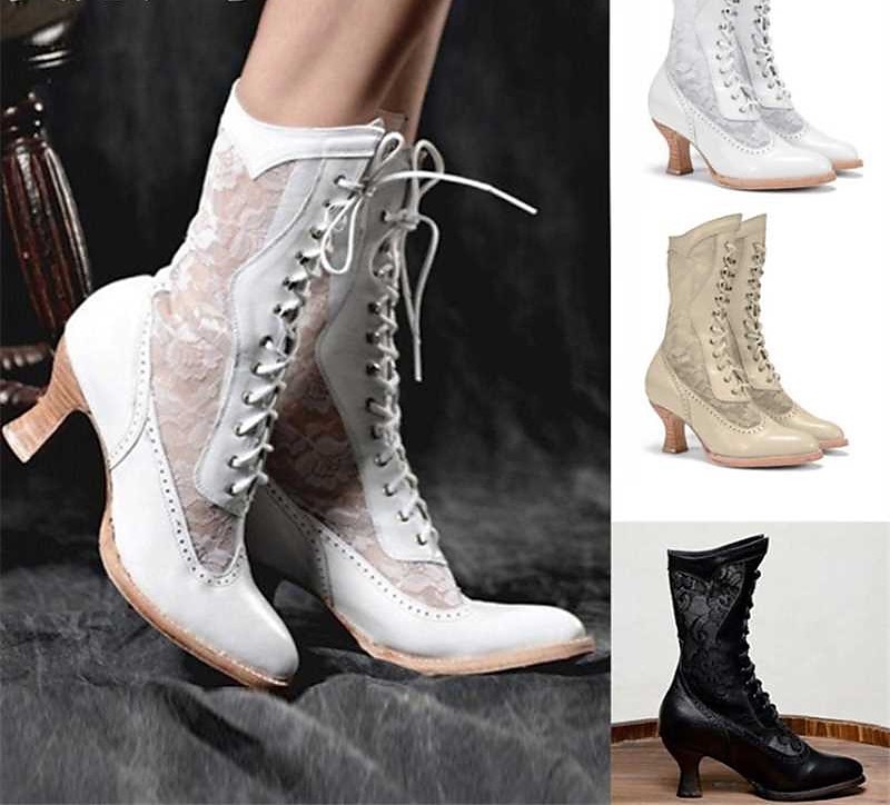 Women's Victorian-Style White Lace-Up Boots with Lace Panels - Elegant Vintage Footwear for Weddings and Special Occasions 2025 - GBP £49 –P1