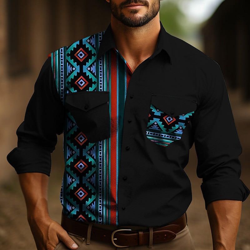 Herr Stam Grafiska tryck Årgång Skjorta Västerländsk skjorta Cowboyskjorta Långärmad Mode Streetwear Designer Utomhus Dagligen Höst vinter Nedvikt Mönster Rubinrött Blå 2025 - $26.99 –P2