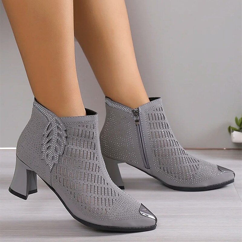 Women's Heels Boots Dress Shoes Sexy Shoes Party Club Cut-out Booties Ankle Boots Summer Rhinestone Zipper Chunky Heel Pointed Toe Business Sexy Glitter Mesh Zipper Black Grey 2023 - AED 193 –P7