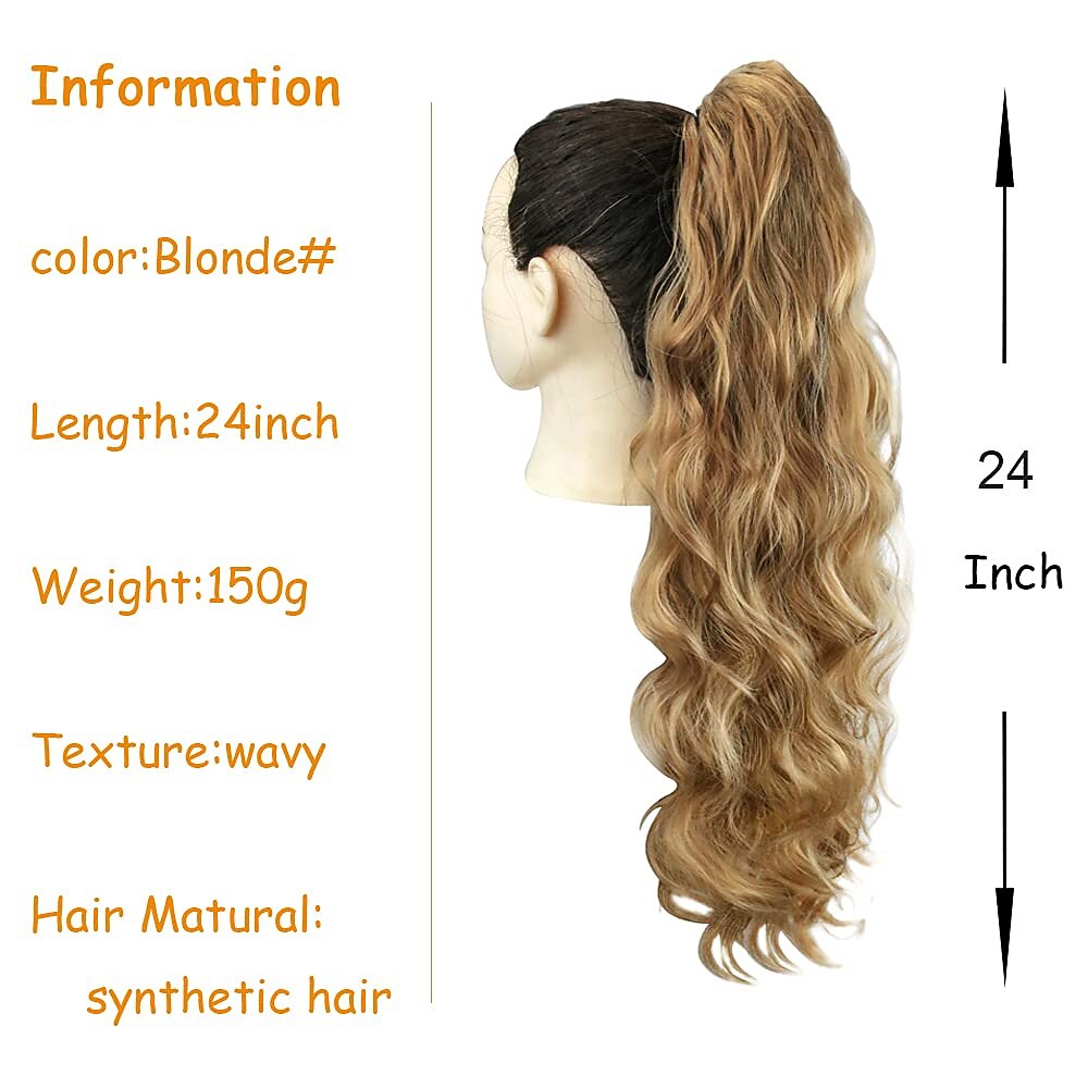 24 inch lange body wave paardenstaart haarverlenging synthetische hittebestendige wrap around trekkoord krullend golvend paardenstaart haarstukjes voor vrouwen 2025 - $15.99 –P7