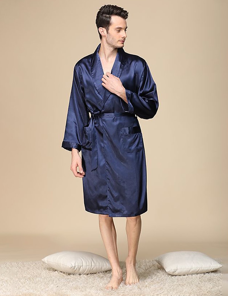 Men's Robe Silk Robe Sleepwear Plain Stylish Casual Comfort Home Daily Bed Faux Silk Comfort Summer Spring Silver Blue 2025 - $36.99 –P6