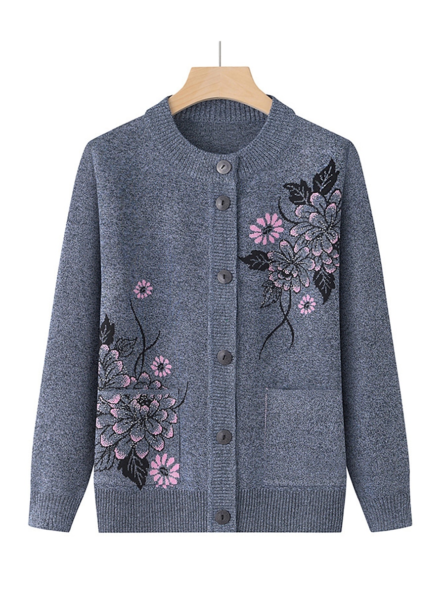 Dames Vest Trui Stijlvol Casual Zacht Bloemig Geribd Strakke ronde hals Knop Zak Lange mouw breien Buiten Feestdagen Uitgaan bordeaux Grasgroen Herfst Winter 2025 - $31.99 –P5