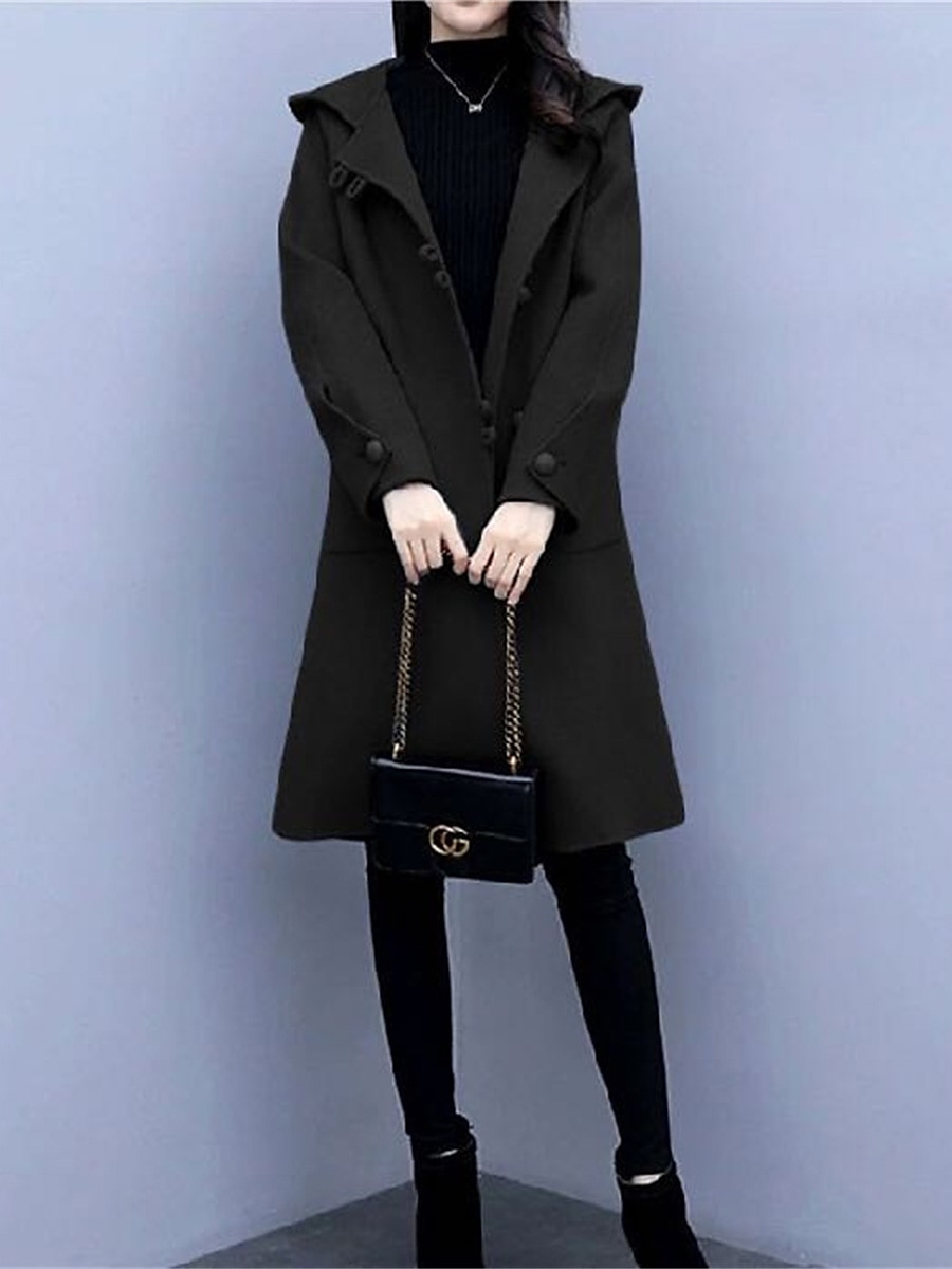 Women's Long Coat Elegant Hooded Overcoat Fall Single Breasted Pea Coat Winter Warm Windproof Trench Coat Modern Casual Trendy Jacket Long Sleeve with Pockets Black Blue 2023 - US $27.99 –P11