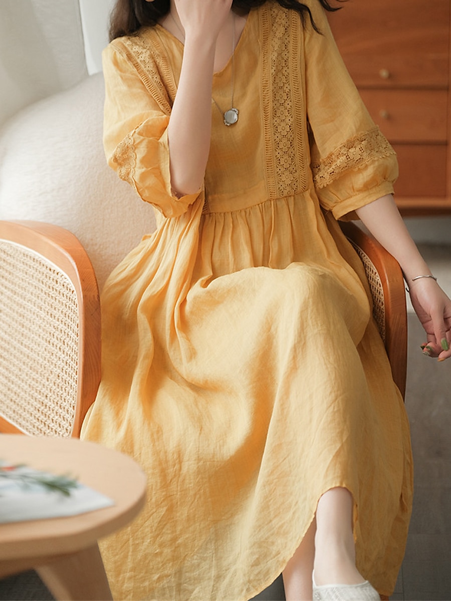 Femmes Noir Blanche Jaune Automne Robe maxi Robes inspirées du lin Robe Décontractée Basique Classique Occasionnel Extérieur Vacances Quotidien Coupe Ample Uni Col en V de 2025 ? $32.99 –P10