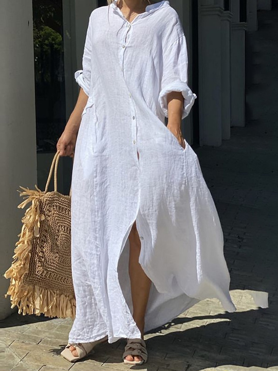 Femmes Noir Blanche Jaune Automne Robe Maxi Robe maxi Robes inspirées du lin Robe Blanche Robe noire Mode Quotidien Classique Extérieur Vacances Quotidien Coupe Ample Uni Col montant de 2025 ? $46.99 –P11