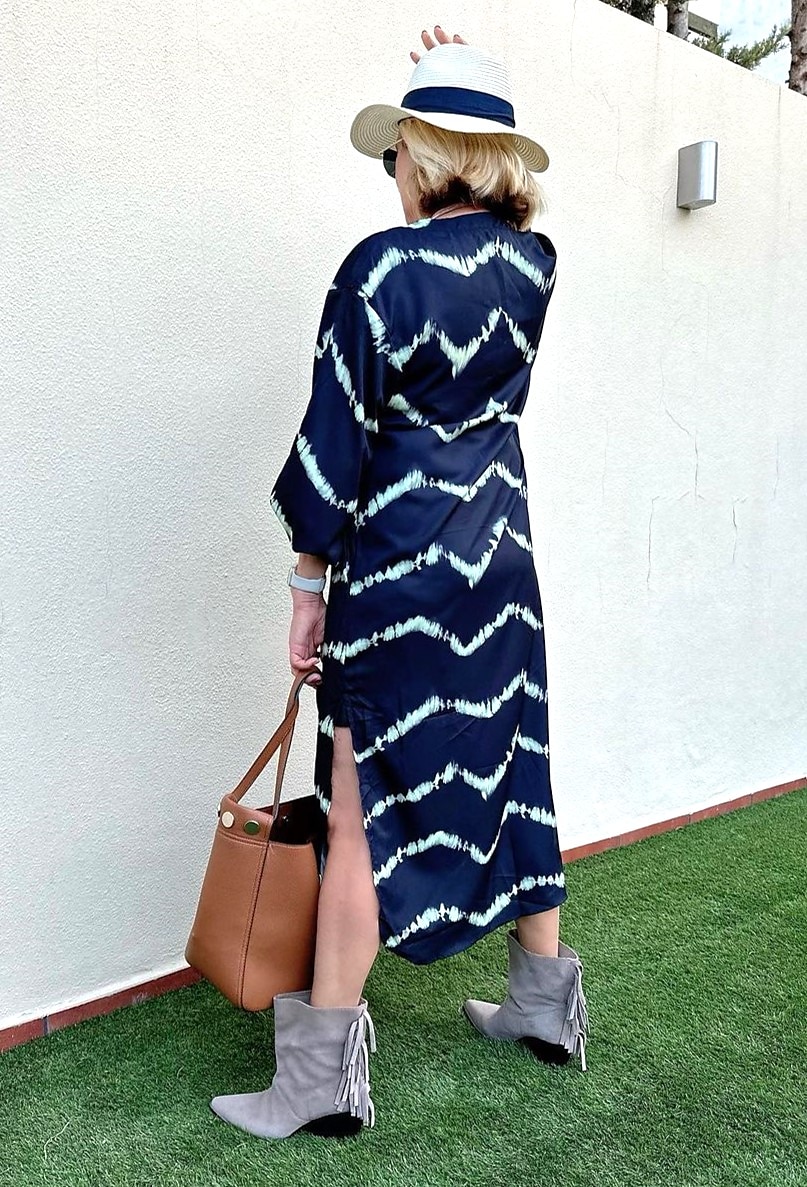 kvinners geometriske stripe knapp splitt v-hals maxi lang kjole daglig ferie langermet sommer våren 2025 - $51.99 –P12