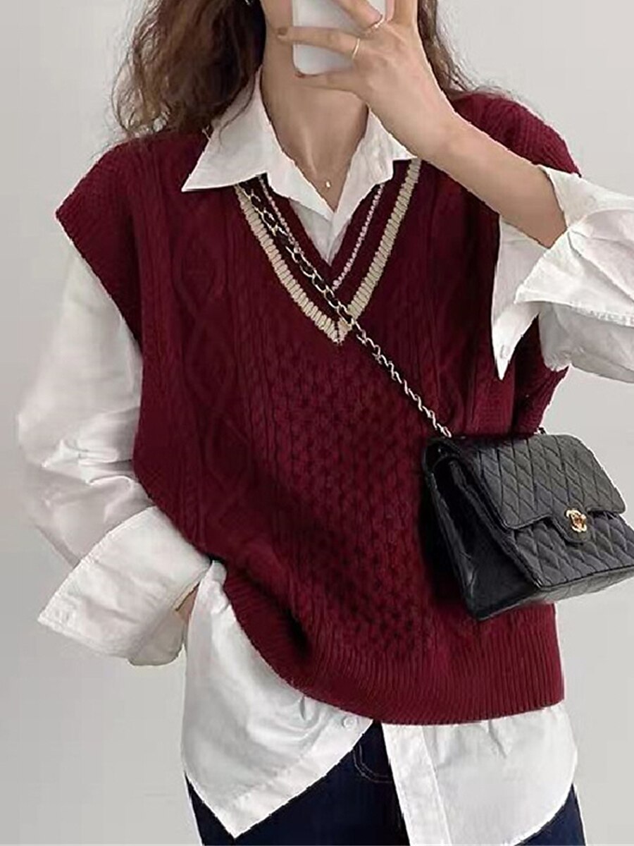 Women's Sweater Vest V Neck Cable Knit Knit Oversized Summer Fall Outdoor Daily Going out Stylish Casual Soft Sleeveless Striped Wine Navy Blue Beige One-Size 2023 - US $25.99 –P7