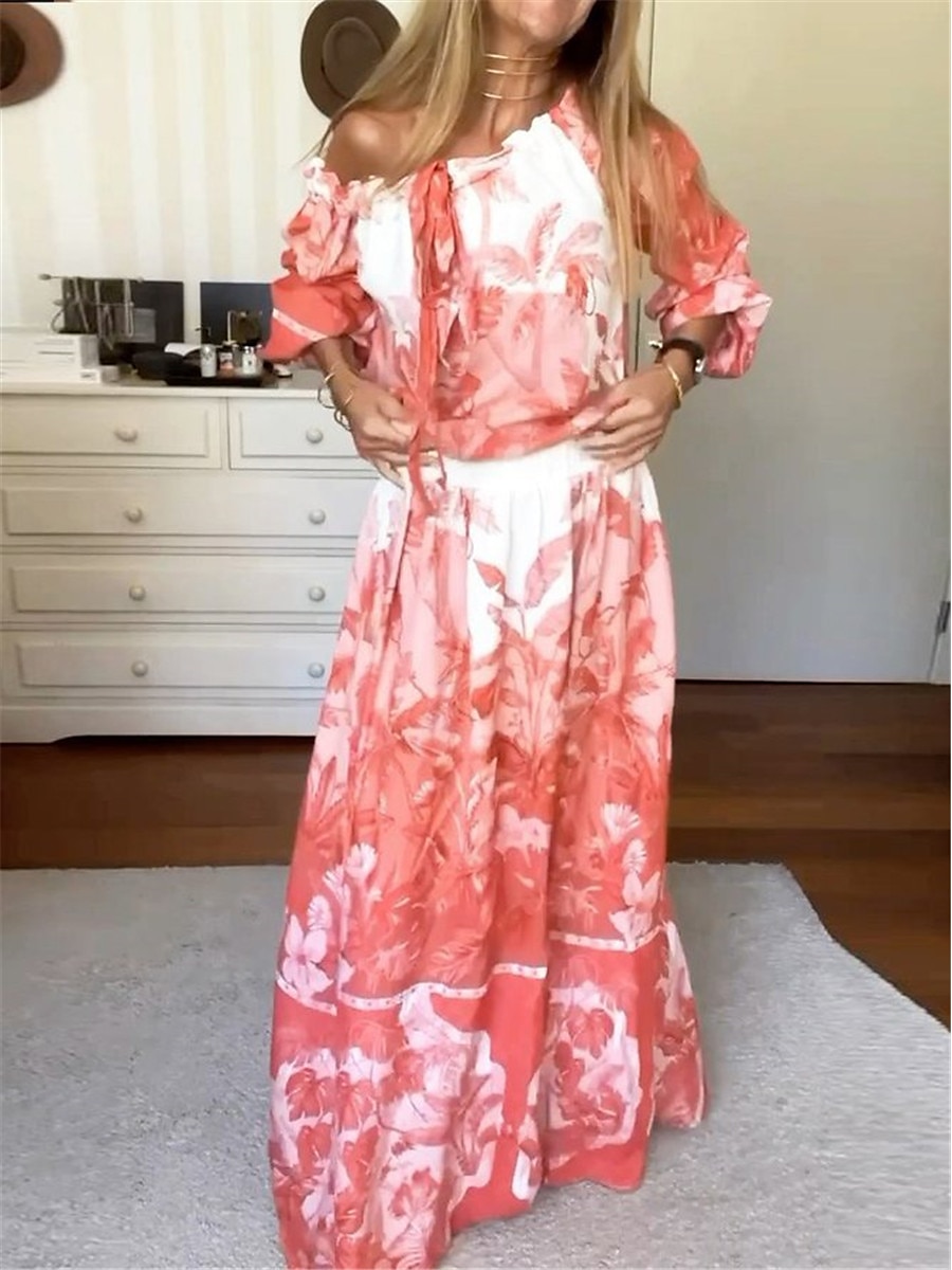 Women's Floral Lace up Print Off Shoulder Long Dress Maxi Dress Daily Vacation Long Sleeve Summer Spring 2024 - $39.99 –P2