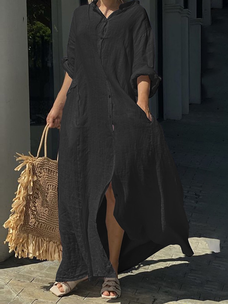 Femmes Noir Blanche Jaune Automne Robe Maxi Robe maxi Robes inspirées du lin Robe Blanche Robe noire Mode Quotidien Classique Extérieur Vacances Quotidien Coupe Ample Uni Col montant de 2025 ? $46.99 –P4