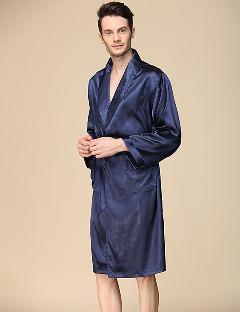 Men's Robe Silk Robe Sleepwear Plain Stylish Casual Comfort Home Daily Bed Faux Silk Comfort Summer Spring Silver Blue 2025 - $36.99 –P9