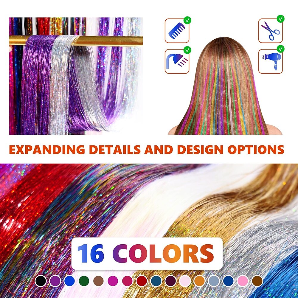 Hair Tinsel Kit Fairy Hair Tinsel Kit 16 Colors 3200 strands 47 Inch Tinsel  Hair Extensions Kit Heat Resistant with Glitter Hair Extensions Micro Beads  and Styling Crochet Tools for Women 2023 - US $22.99