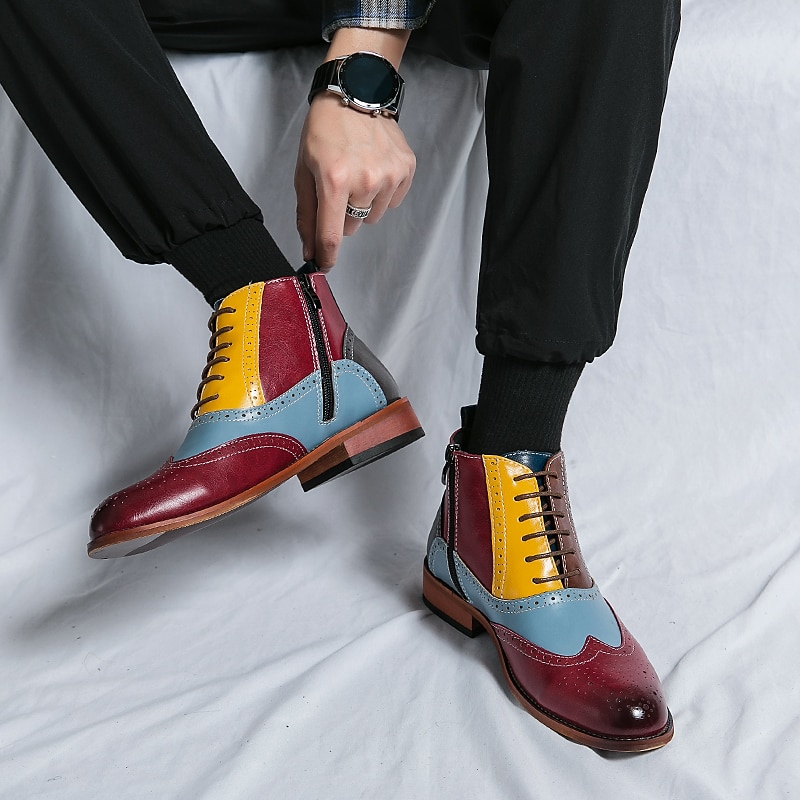 férfi vintage többszínű műbőr brogue bokacsizma - retro stílusú fűzős ruhacipő formális és alkalmi alkalmakra 2025 - $69.99 –P3