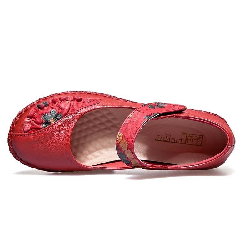 női piros bőr mezítlábas mary jane flats – hímzett virágos alkalmi kényelmes cipő tépőzáras pántokkal 2025 - $42.99 –P8