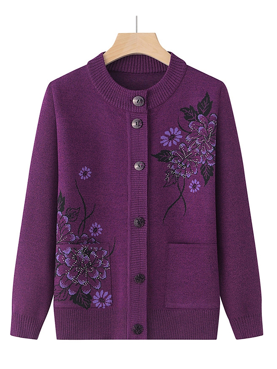 Dames Vest Trui Stijlvol Casual Zacht Bloemig Geribd Strakke ronde hals Knop Zak Lange mouw breien Buiten Feestdagen Uitgaan bordeaux Grasgroen Herfst Winter 2025 - $31.99 –P4