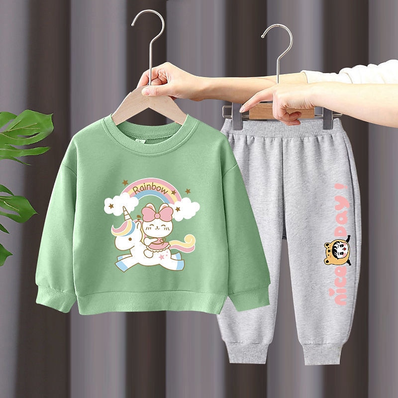 2 Stück Kinder Mädchen Regenbogen Rundhalsausschnitt Hoodie- und Jogginghosen-Set einstellen Langarm Aktiv Outdoor Baumwolle 3-7 Jahre Frühling Schwarzer Einhornpullover + schöne schwarze Hose 2025 - $16.99 –P5