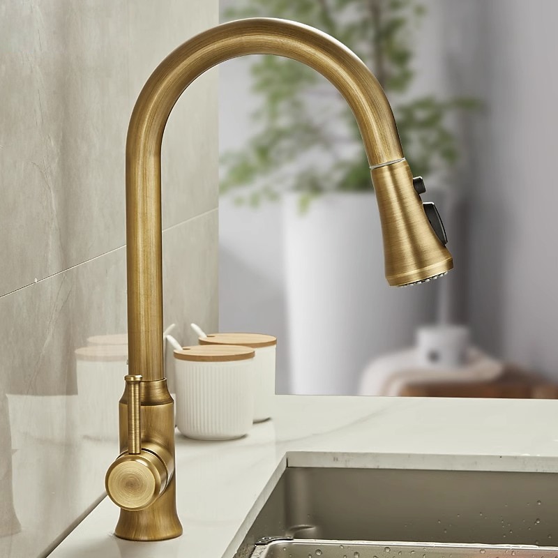 rubinetto da cucina tradizionale estraibile miscelatore lavello rubinetti in ottone, rubinetti vintage monocomando a 360 gradi con tubo freddo e caldo del 2025 a $113.99 –P4
