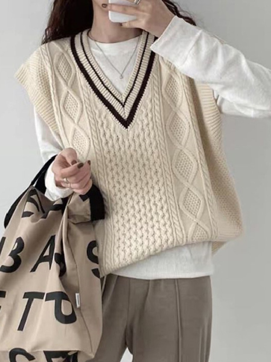 Women's Sweater Vest V Neck Cable Knit Knit Oversized Summer Fall Outdoor Daily Going out Stylish Casual Soft Sleeveless Striped Wine Navy Blue Beige One-Size 2023 - US $25.99 –P1