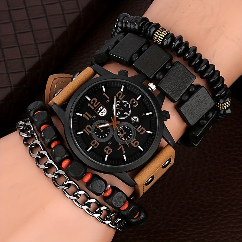 Keller Weber 5Pcs Watches Bracelet Set Luxury Men Quartz Wristwatches Leather Band Fahsion Casual Watch For Men Gift For Boyfriend 2025 - $25.99 –P6