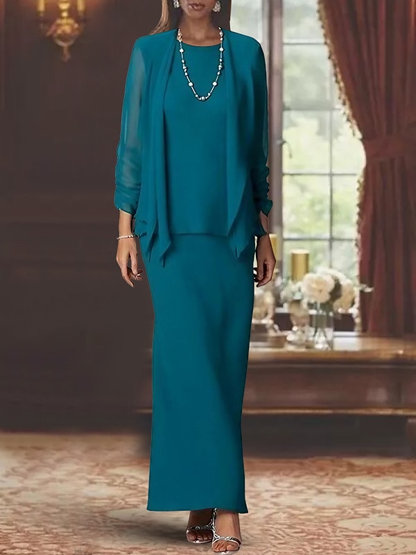 Twee delige sheath moeder van de bruid jurk formele bruiloft gast elegante scoop hals vloer lengte chiffon lange mouw omslag inbegrepen met effen kleur gratis op maat gemaakt 2025 - $137.99 –P1